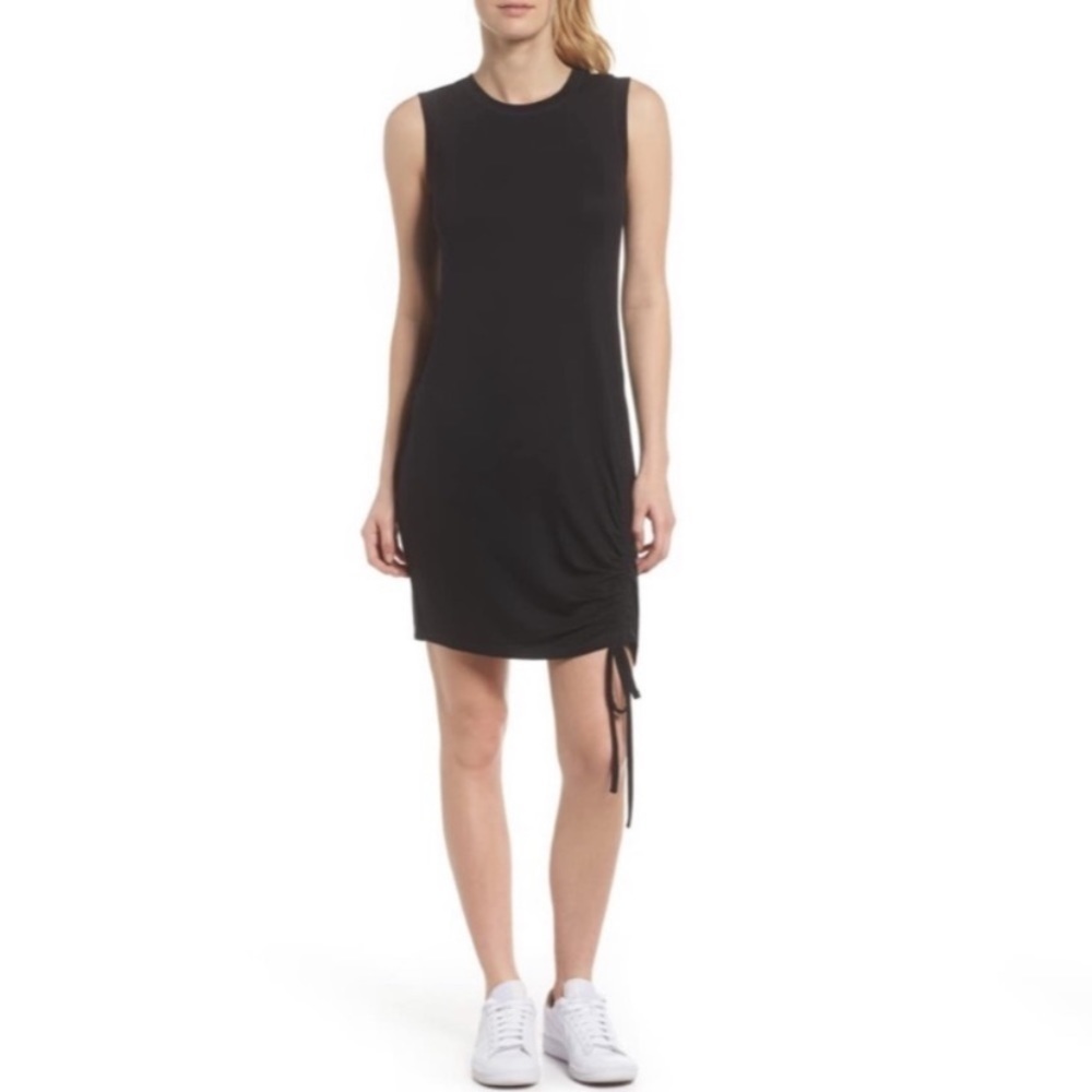 NWT Zella Shirred Ruched Post Studio Solid Black Soft Mini Dress LBD